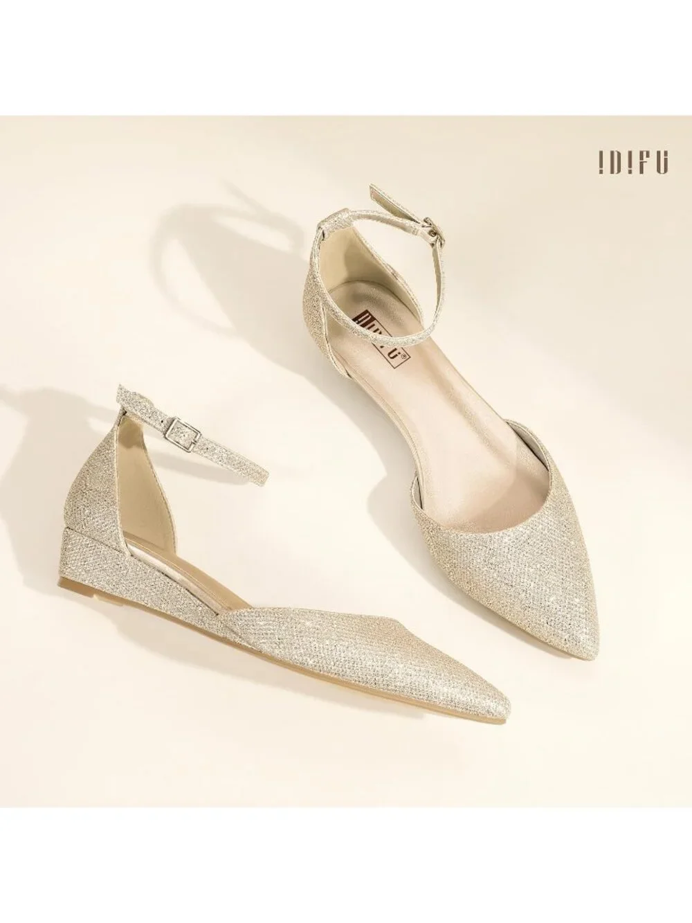 Women's Gold Glitter Low Wedge Closed Pointed Toe Adjustable Ankle Strap Shoes